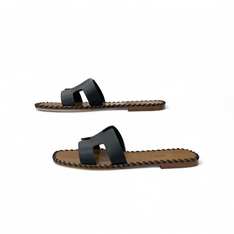 Hermes Oran Sandals Shoes Leather Black Brown Stitch Flat Mules — view 3