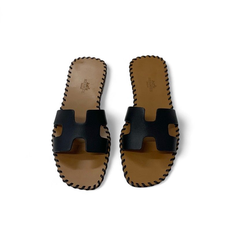 Hermes Oran Sandals Shoes Leather Black Brown Stitch Flat Mules — view 2