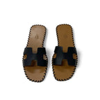 Hermes Oran Sandals Shoes Leather Black Brown Stitch Flat Mules — view 2
