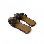 Hermes Oran Sandals Shoes Leather Black Brown Stitch Flat Mules — view 4