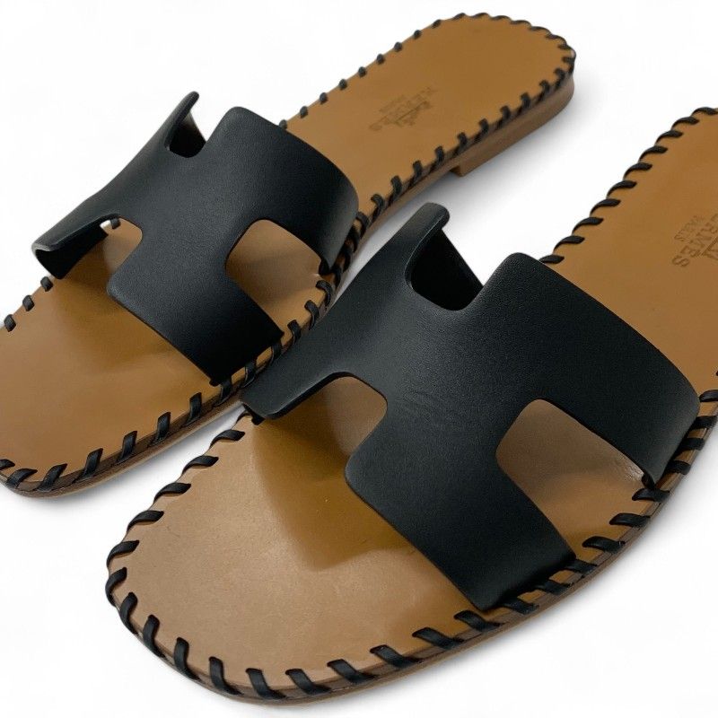 Hermes Oran Sandals Shoes Leather Black Brown Stitch Flat Mules — view 9