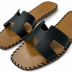 Hermes Oran Sandals Shoes Leather Black Brown Stitch Flat Mules — view 9