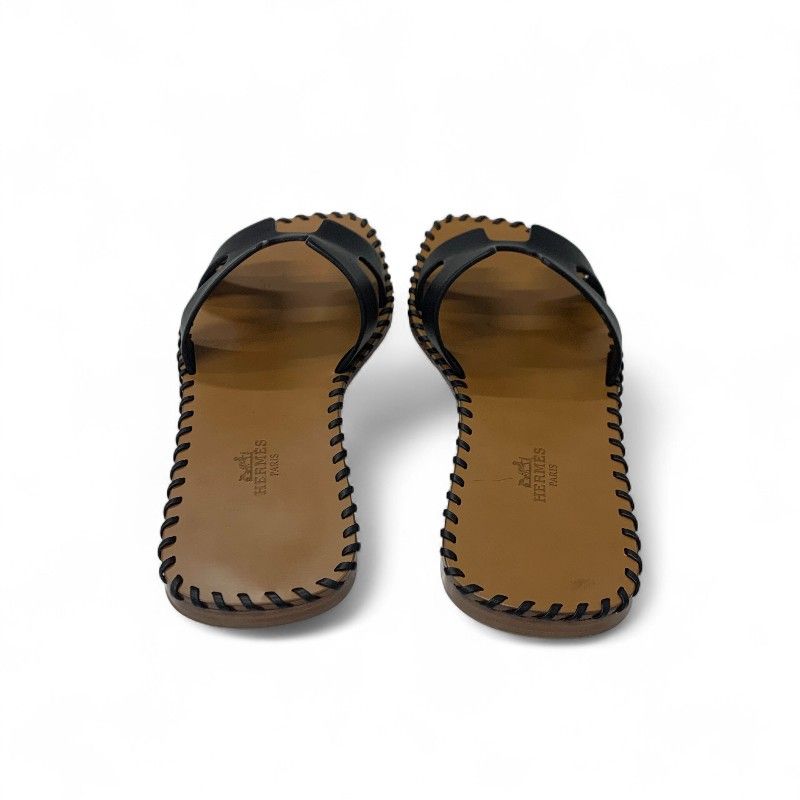 Hermes Oran Sandals Shoes Leather Black Brown Stitch Flat Mules — view 5