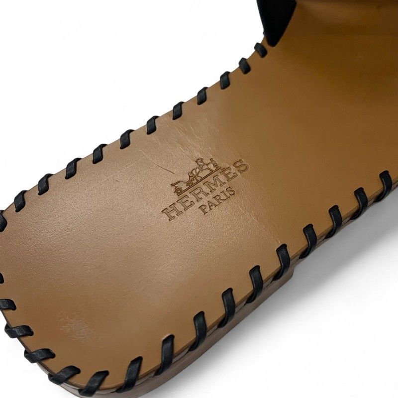 Hermes Oran Sandals Shoes Leather Black Brown Stitch Flat Mules — view 7
