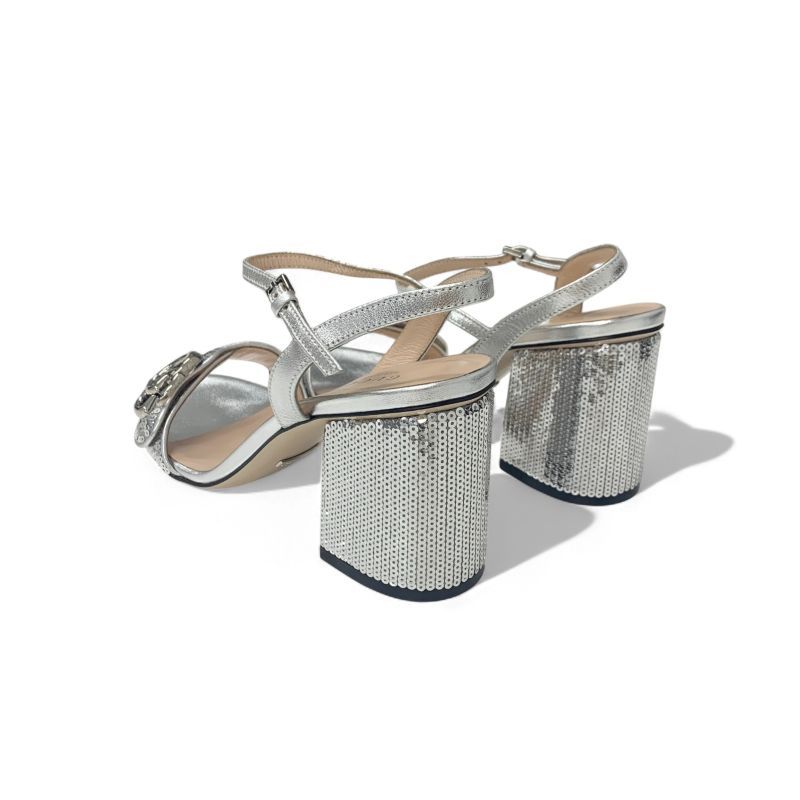 Gucci Sandals Shoes Leather Silver GG Marmont Sequin Strap — view 4