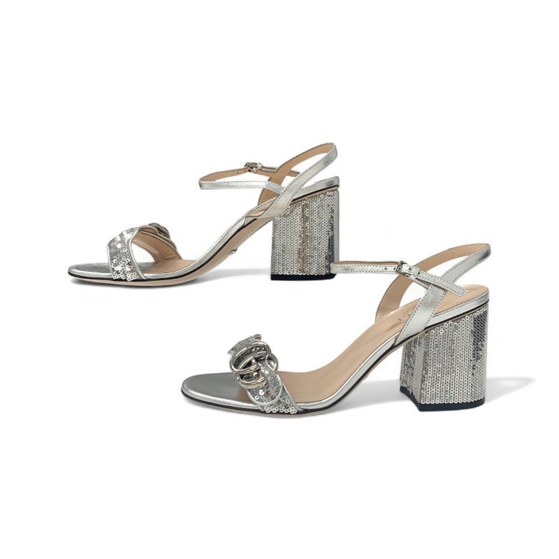 Gucci Sandals Shoes Leather Silver GG Marmont Sequin Strap — view 3