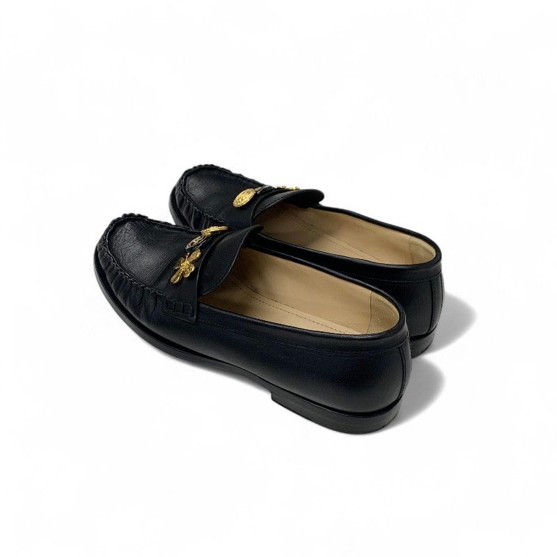 Chanel Loafers Shoes Leather Black Gold CC Logo Clover Coin Motif Flat — view 4