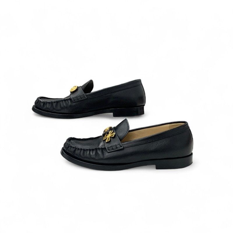 Chanel Loafers Shoes Leather Black Gold CC Logo Clover Coin Motif Flat — view 3