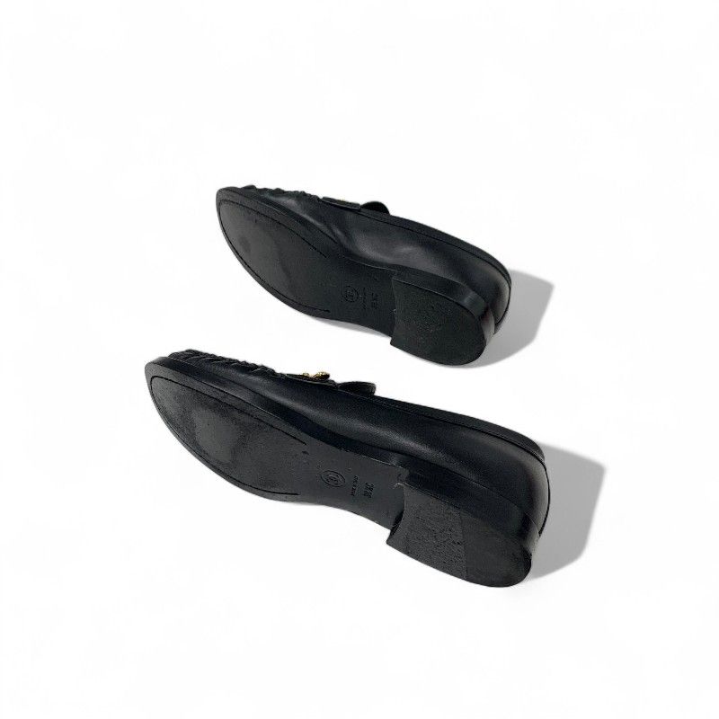 Chanel Loafers Shoes Leather Black Gold CC Logo Clover Coin Motif Flat — view 6