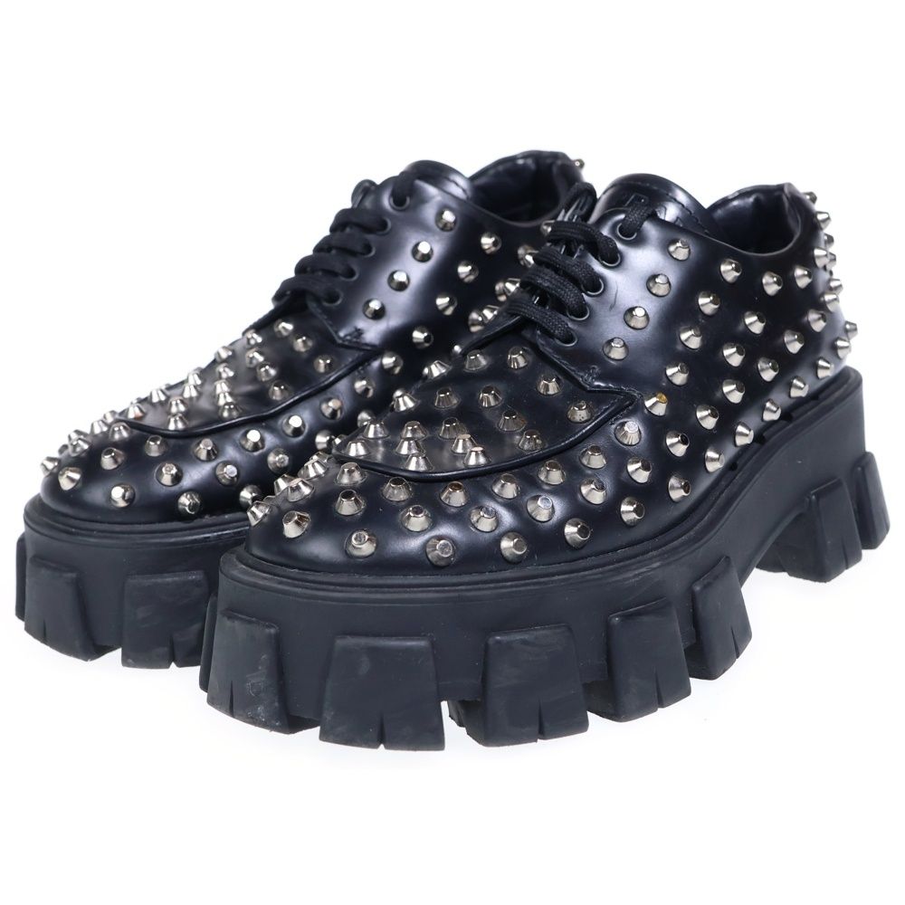 Prada Monolith Brushed Leather Studded Loafers Black — view 2