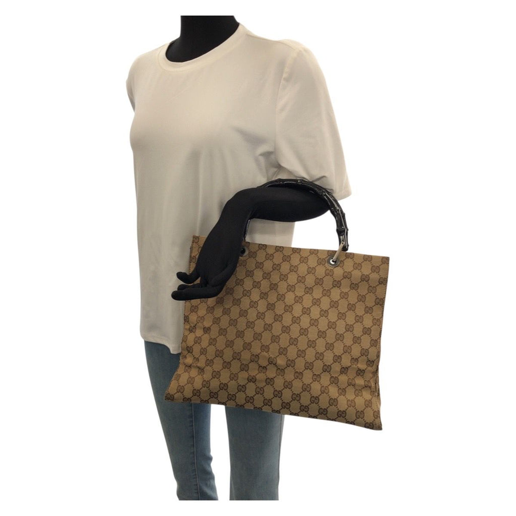 Gucci Bamboo Beige Brown Gunmetal GG Canvas 002 Tote — view 7