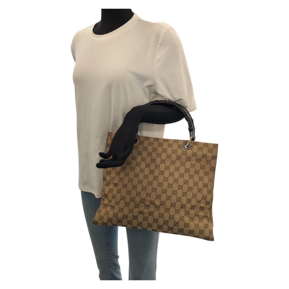 Gucci Bamboo Beige Brown Gunmetal GG Canvas 002 Tote — view 7