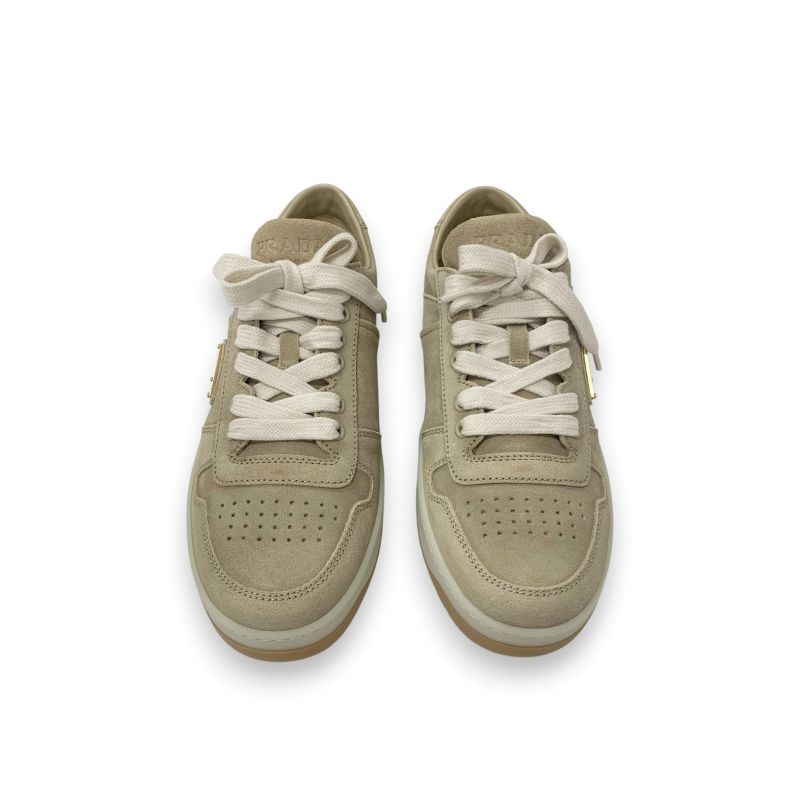 Prada Downtown Sneakers Shoes Delave Suede Beige Gold Logo — view 2