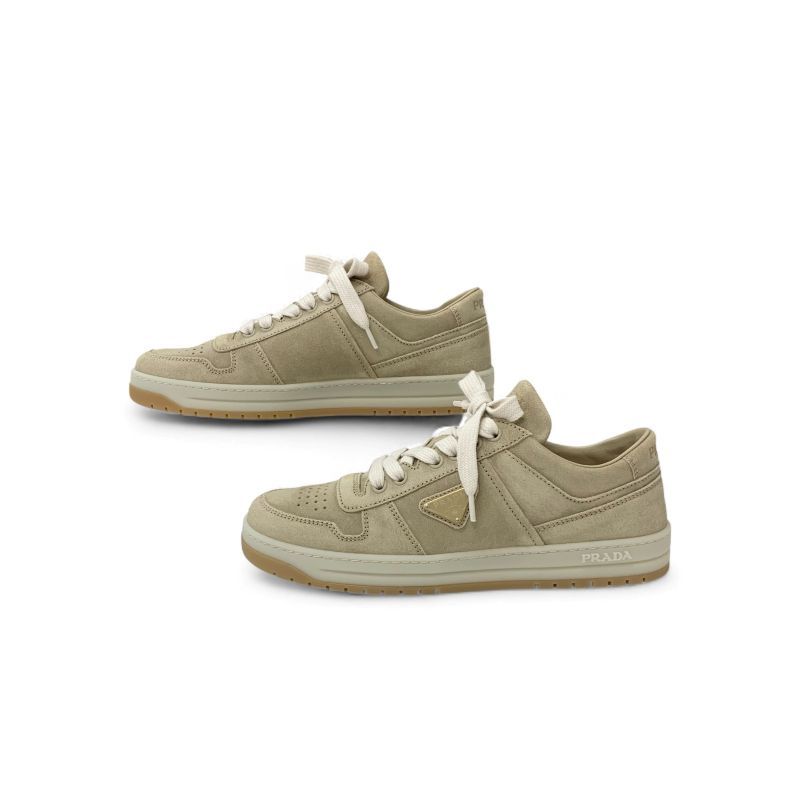 Prada Downtown Sneakers Shoes Delave Suede Beige Gold Logo — view 3