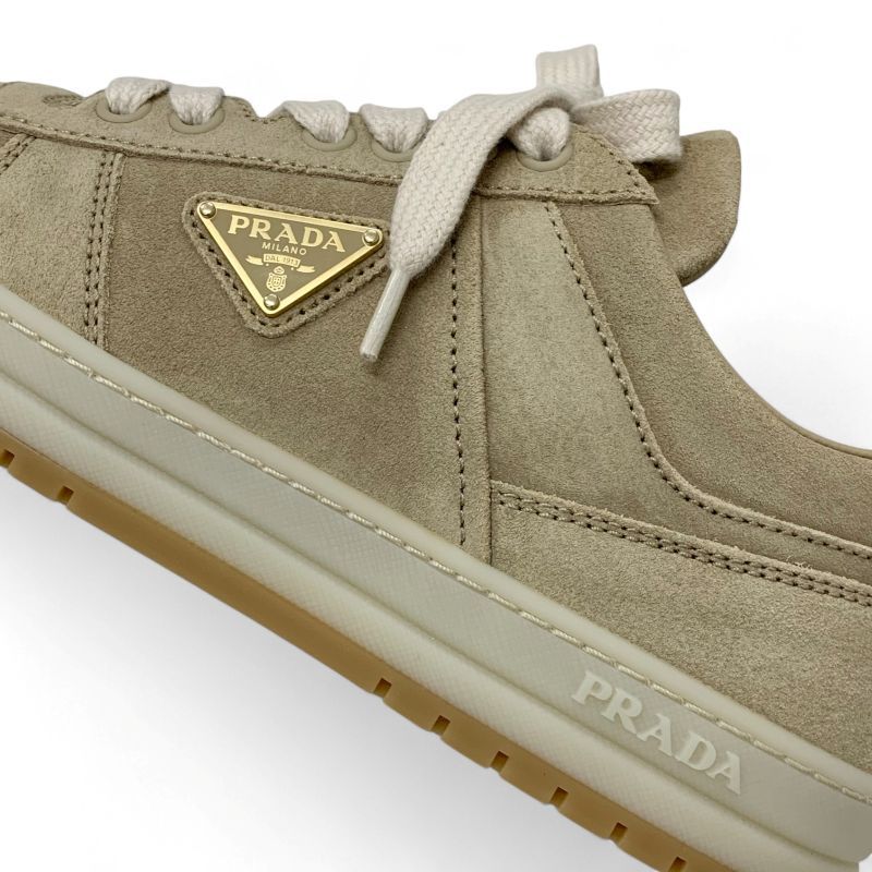 Prada Downtown Sneakers Shoes Delave Suede Beige Gold Logo — view 9