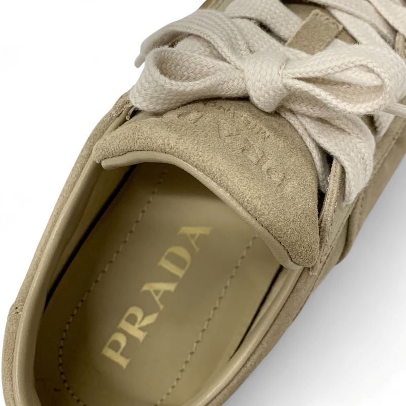 Prada Downtown Sneakers Shoes Delave Suede Beige Gold Logo — view 7