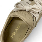 Prada Downtown Sneakers Shoes Delave Suede Beige Gold Logo — view 7