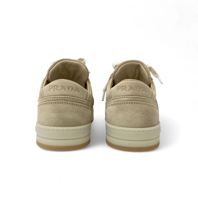 Prada Downtown Sneakers Shoes Delave Suede Beige Gold Logo — view 5