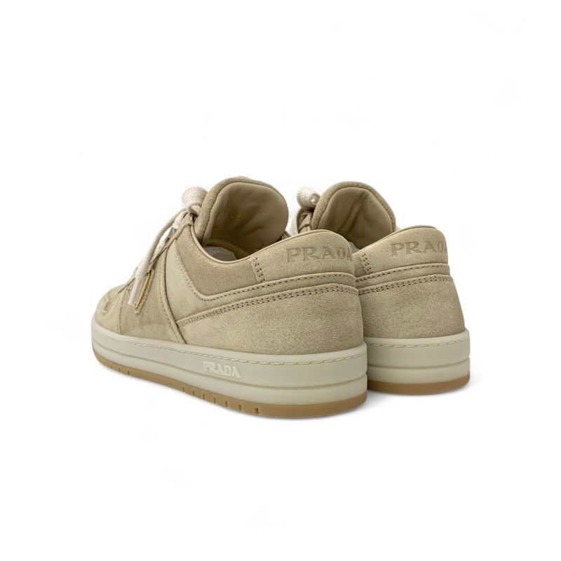 Prada Downtown Sneakers Shoes Delave Suede Beige Gold Logo — view 4