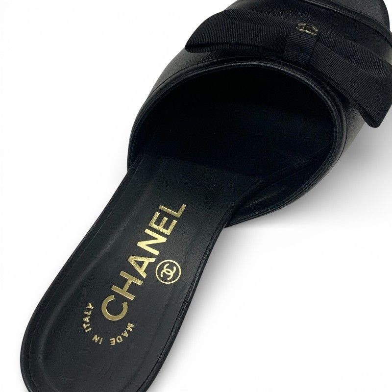 Chanel Sandals Shoes Leather Black Gold CC Logo Ribbon Mule — view 6