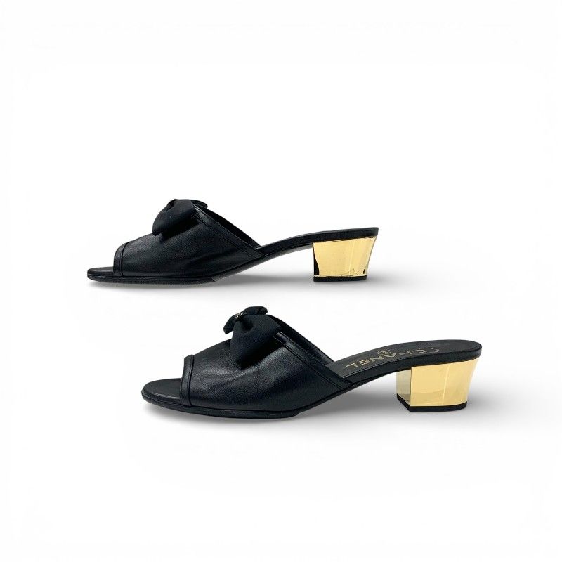 Chanel Sandals Shoes Leather Black Gold CC Logo Ribbon Mule — view 3