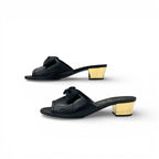 Chanel Sandals Shoes Leather Black Gold CC Logo Ribbon Mule — view 3