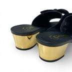 Chanel Sandals Shoes Leather Black Gold CC Logo Ribbon Mule — view 8