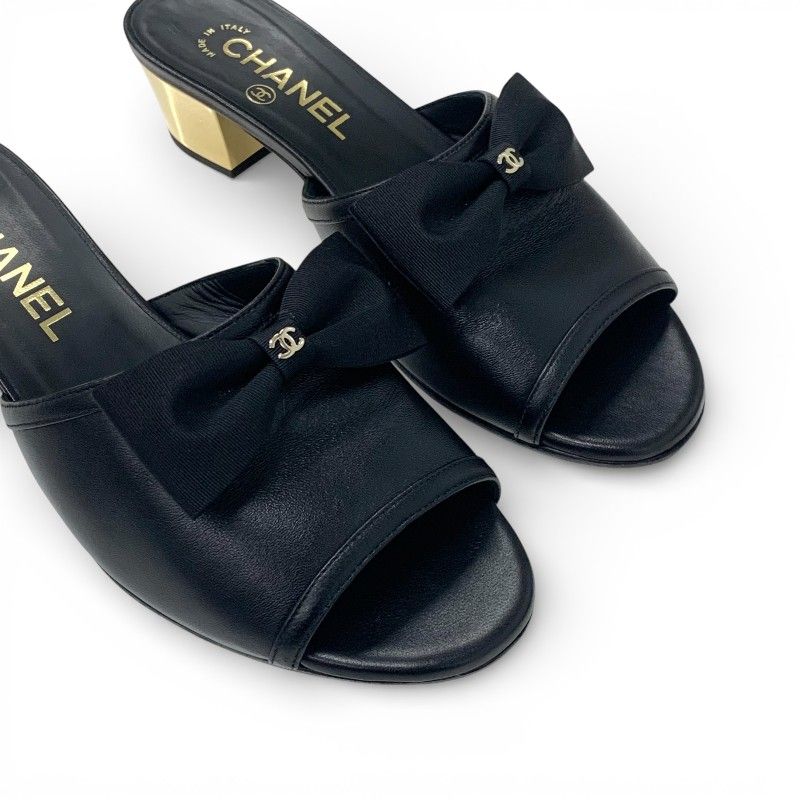 Chanel Sandals Shoes Leather Black Gold CC Logo Ribbon Mule — view 9