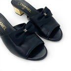 Chanel Sandals Shoes Leather Black Gold CC Logo Ribbon Mule — view 9
