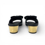 Chanel Sandals Shoes Leather Black Gold CC Logo Ribbon Mule — view 4