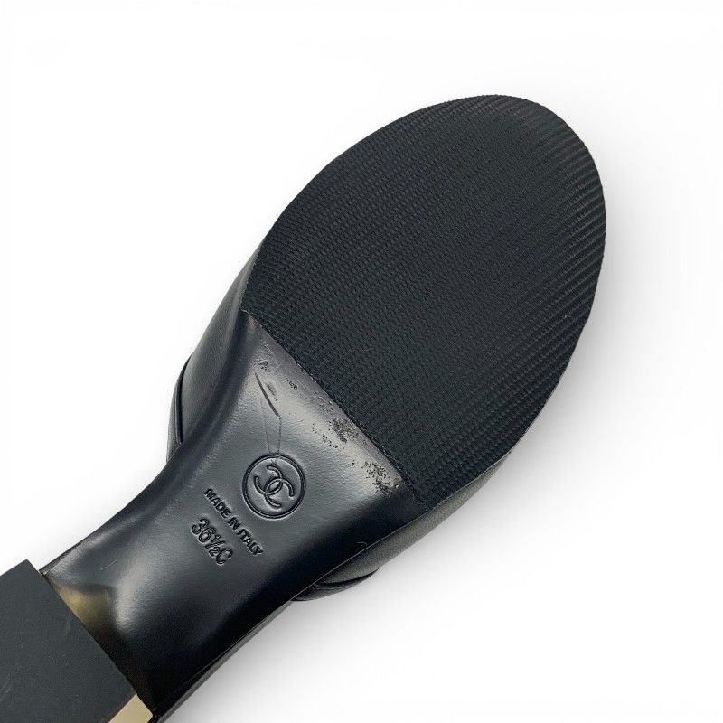 Chanel Sandals Shoes Leather Black Gold CC Logo Ribbon Mule — view 7