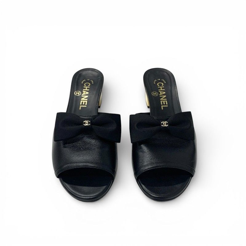 Chanel Sandals Shoes Leather Black Gold CC Logo Ribbon Mule — view 2
