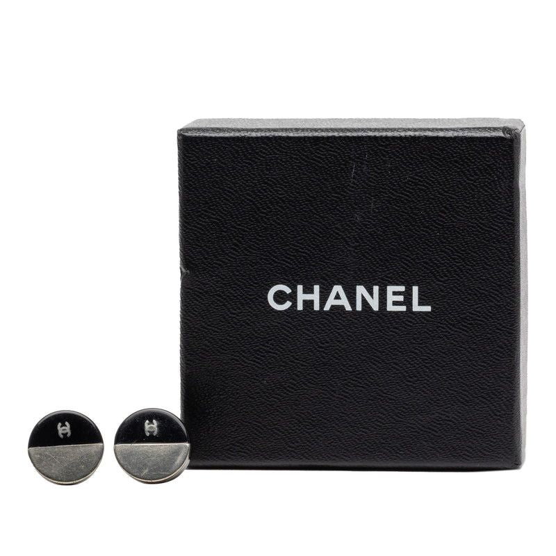 Chanel CC Logo Bicolor Black Silver Metal Enamel Earrings — view 5