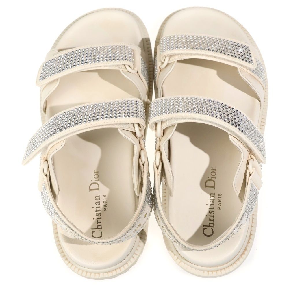 Dior Rhinestone Velcro Strap Leather Flat Sandals Cream — view 4