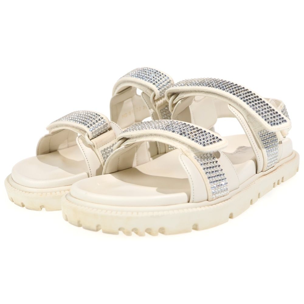 Dior Rhinestone Velcro Strap Leather Flat Sandals Cream — view 2