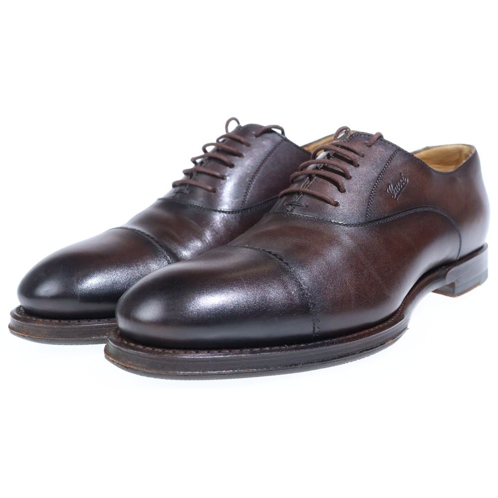Gucci Embossed Logo Straight Tip Leather Shoes Brown — view 2