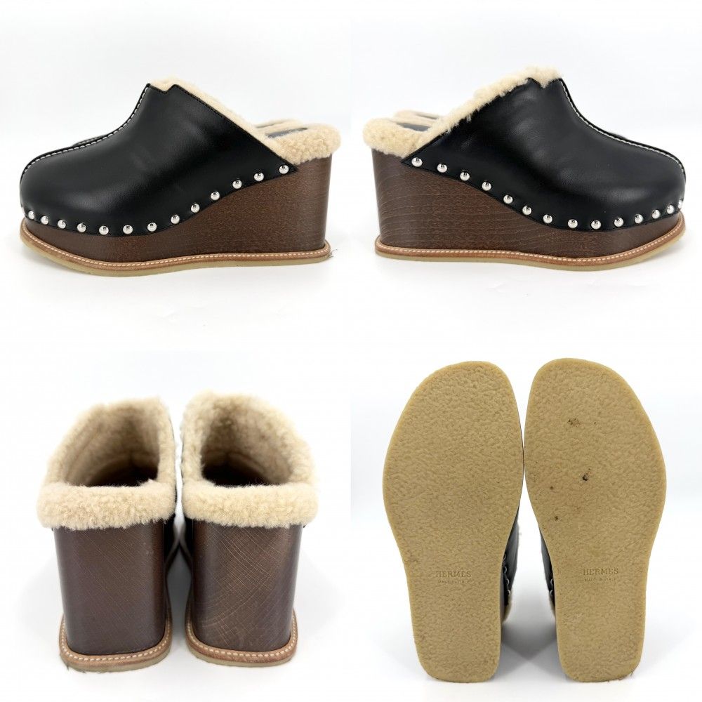 Hermes Sandals Earth Sabot Wedge Sole Studded Shoes 36 Brown X Black Beige — view 2