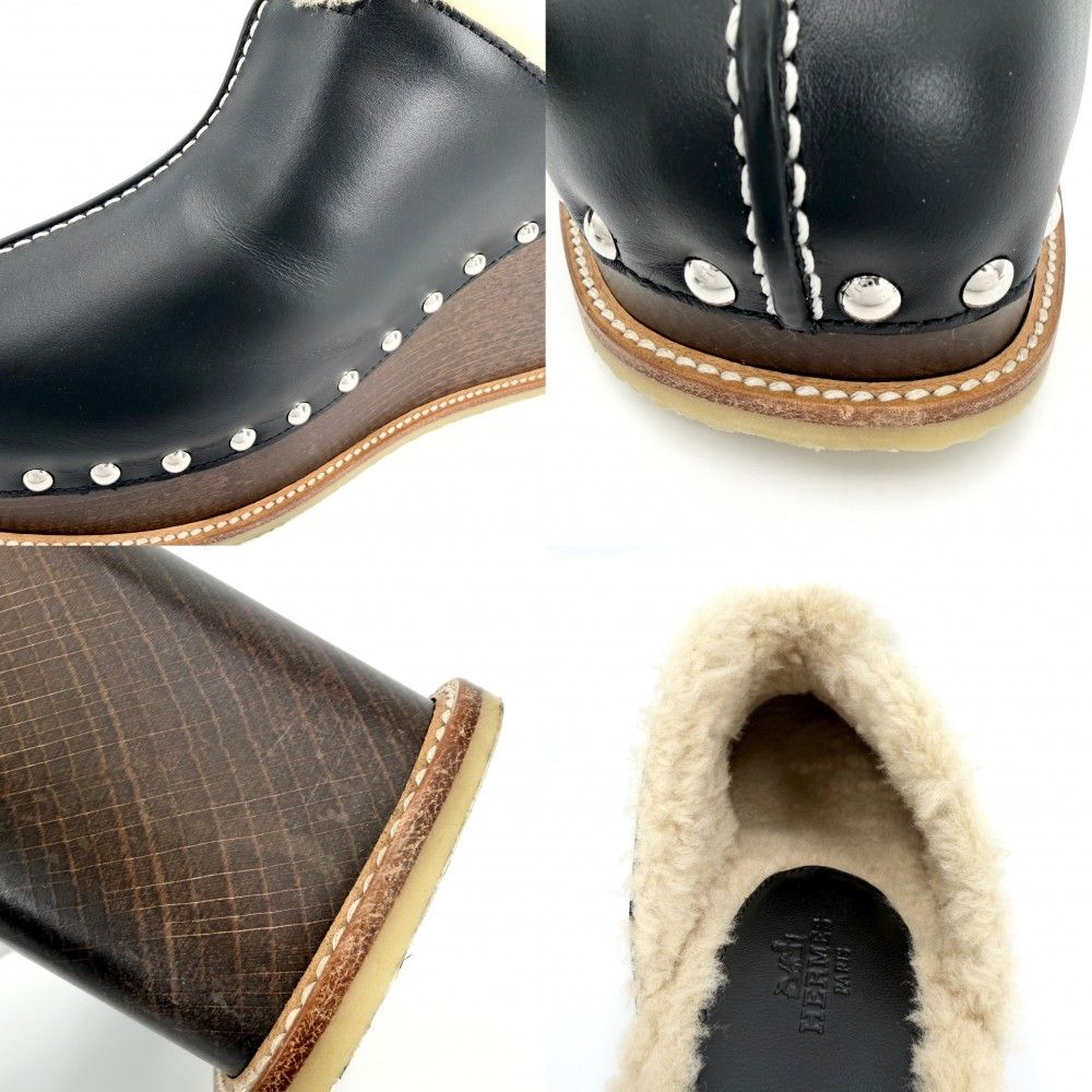 Hermes Sandals Earth Sabot Wedge Sole Studded Shoes 36 Brown X Black Beige — view 6