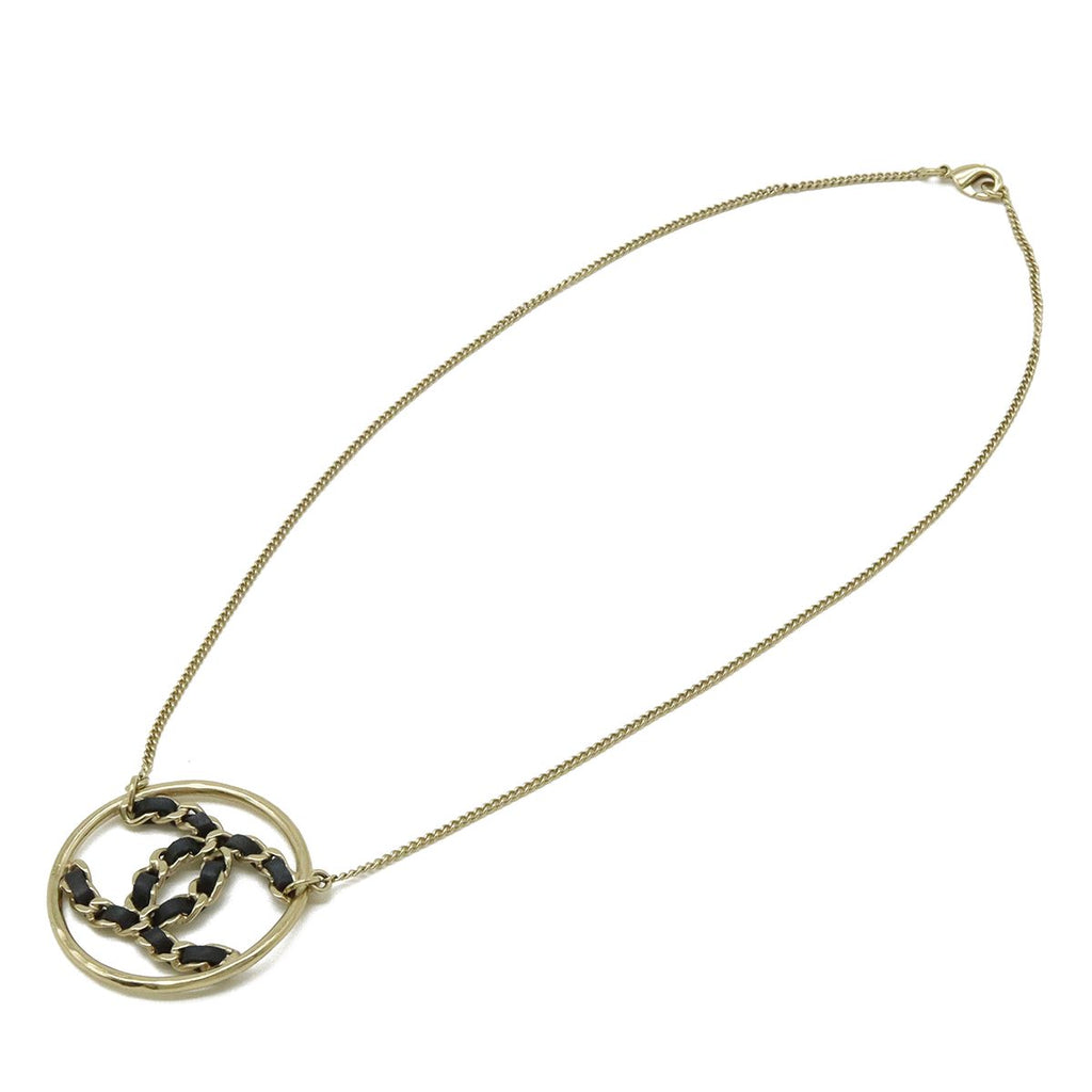 Chanel CC Logo Circle Chain Necklace Pendant Leather Gold Black — view 2