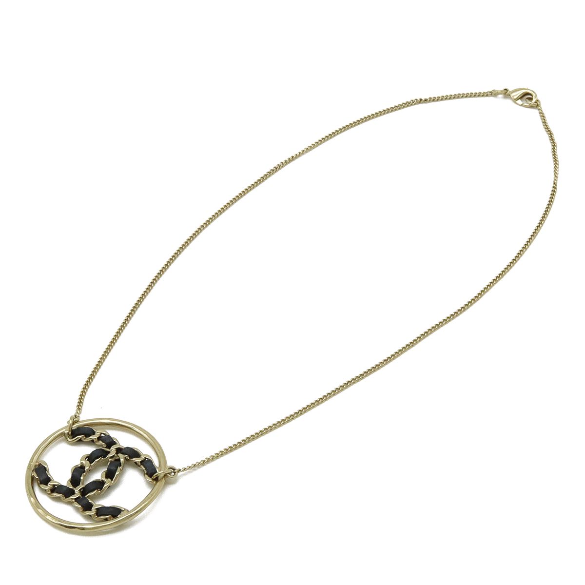 Chanel CC Logo Circle Chain Necklace Pendant Leather Gold Black — view 2