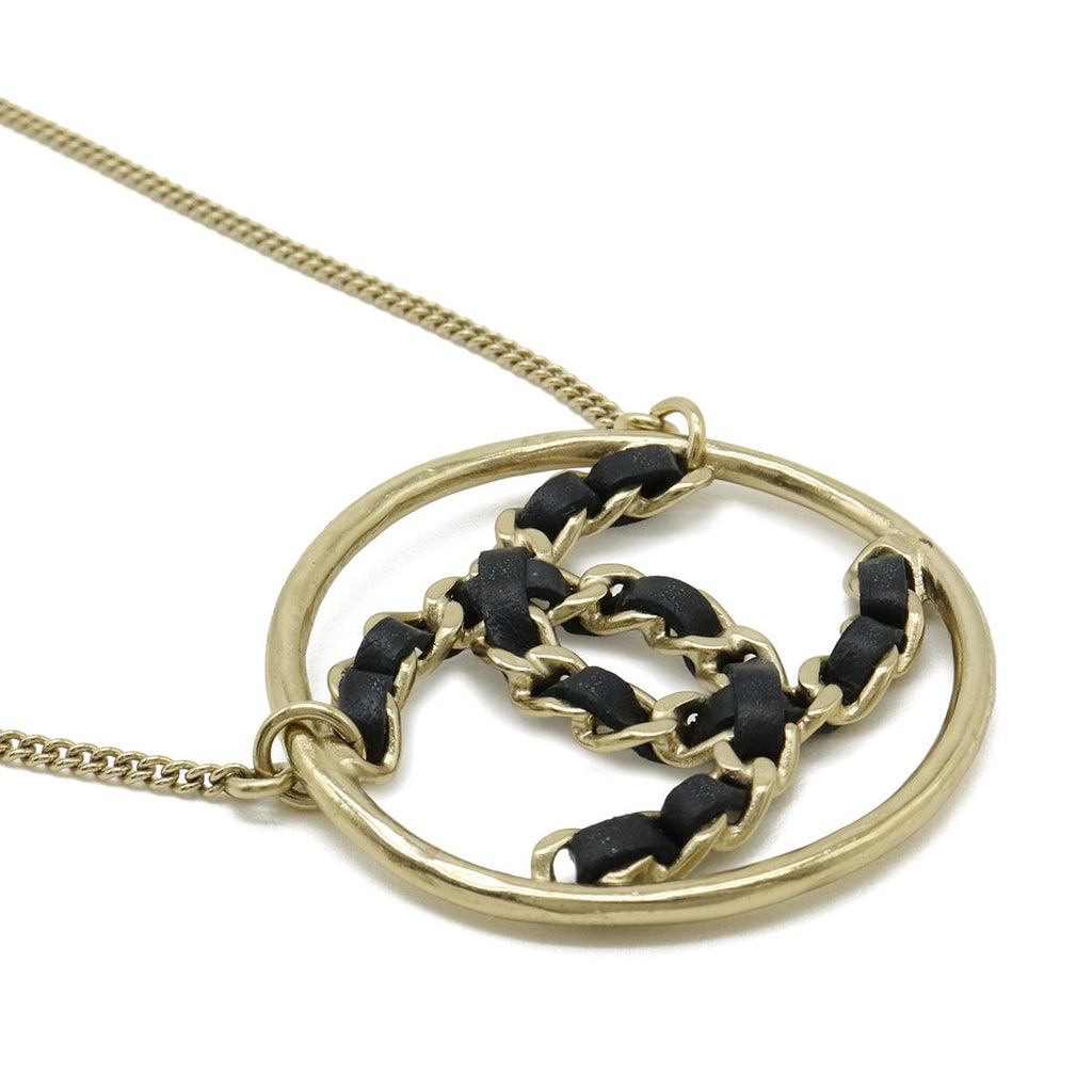 Chanel CC Logo Circle Chain Necklace Pendant Leather Gold Black — view 4