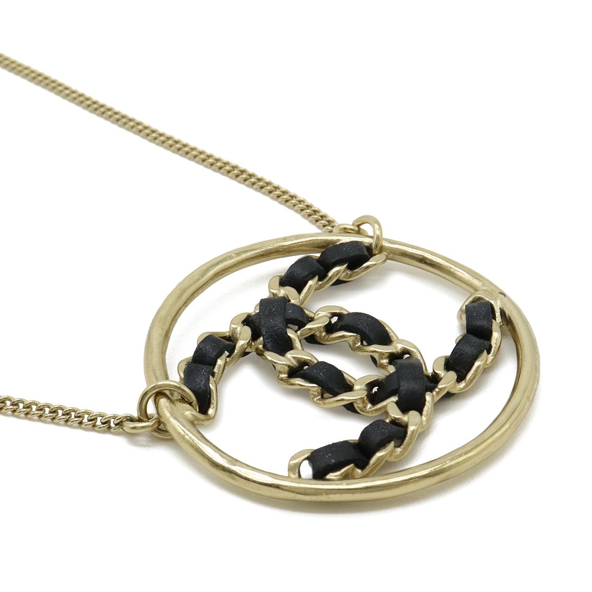 Chanel CC Logo Circle Chain Necklace Pendant Leather Gold Black — view 4