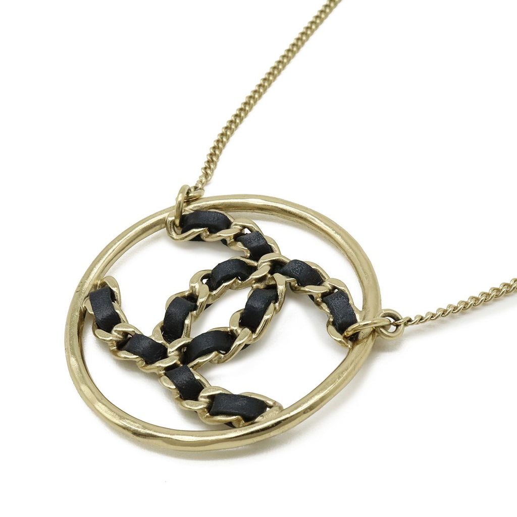Chanel CC Logo Circle Chain Necklace Pendant Leather Gold Black — view 3