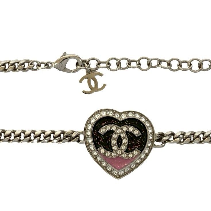 Chanel CC Logo Heart Motif Plated Rhinestone Necklace Silver X Pink — view 3