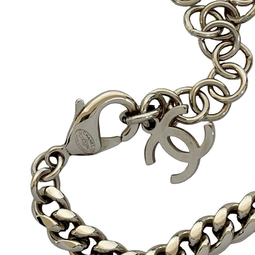 Chanel CC Logo Heart Motif Plated Rhinestone Necklace Silver X Pink — view 4