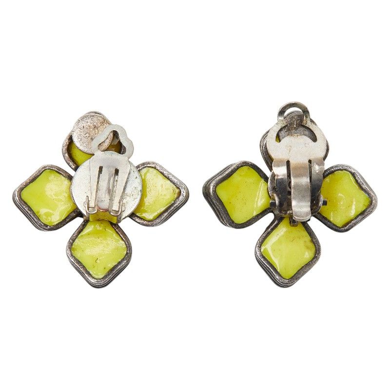 Chanel CC Logo Vintage Flower Motif Silver Yellow Metal Enamel Earrings — view 3