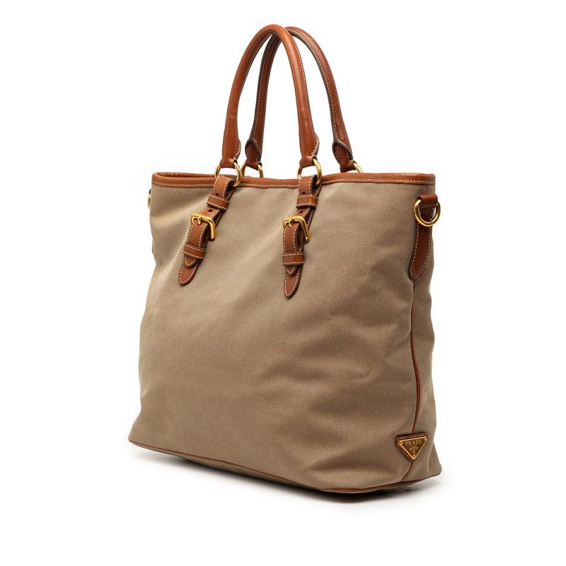 Prada Logo Jacquard Tote Shoulder Bag 2-Way Beige Brown Canvas Leather — view 2