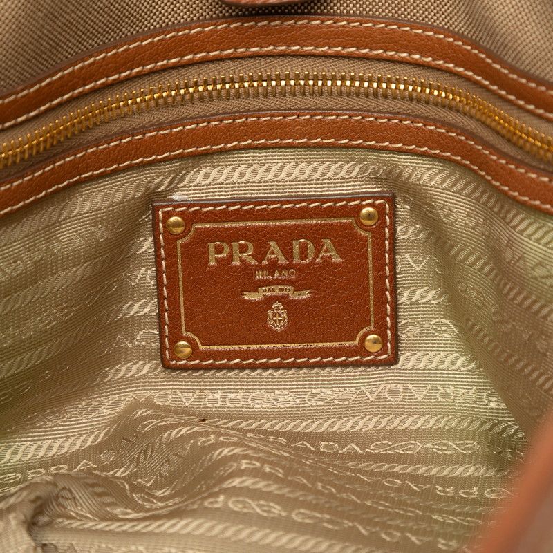 Prada Logo Jacquard Tote Shoulder Bag 2-Way Beige Brown Canvas Leather — view 7