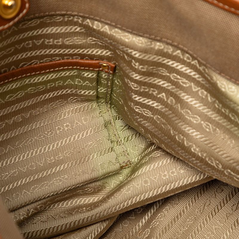 Prada Logo Jacquard Tote Shoulder Bag 2-Way Beige Brown Canvas Leather — view 5