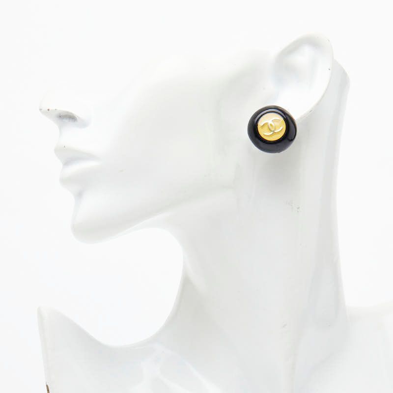 Chanel CC Logo Vintage Black Gold Enamel Plated Earrings — view 5